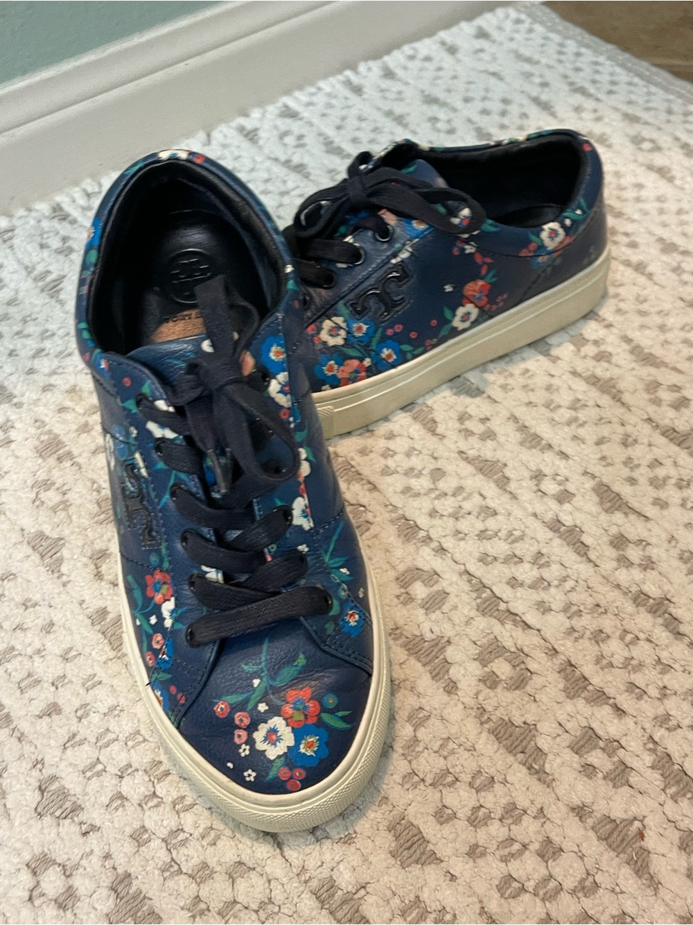 Tory Burch Navy Floral Leather Lace-Up Sneakers with Cream Sole